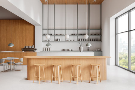 Spacious modern kitchen with wooden counter and stools, pendant lights, and large windows, on a bright background. Concept of minimalism. 3D Renderingの写真素材