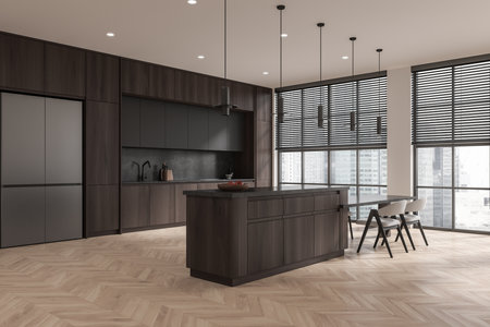Contemporary kitchen design with dark cabinetry, central island, and dining area. Large windows with blinds, neutral color palette, home interior. 3D Rendering.の写真素材