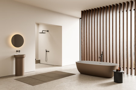 Corner view of home bathroom interior with sink, shower and bathtub. Wooden slats and panoramic window. Stylish bathing space with furniture and accessories. 3D renderingの写真素材