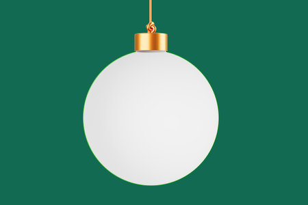White Christmas ornament with golden cap hanging on green background, concept of holiday decoration. 3D Renderingの写真素材