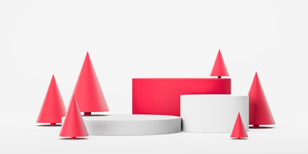 Mock up empty cylinder podium and row of red abstract christmas trees. Concept of online shopping and holiday sale, product presentation. 3D renderingの写真素材