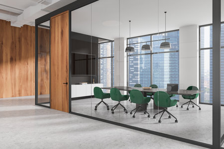 A modern conference room with green chairs, a large table, and glass walls. Tall buildings are visible through large windows, urban representing business. 3D Renderingの写真素材