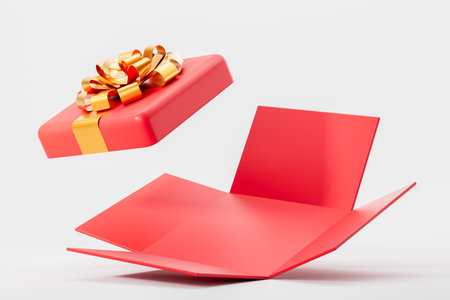 Red mock up empty gift box wrapped with a golden ribbon, empty white background. Concept of present, holiday, birthday or surprise. 3D rendering illustrationの写真素材