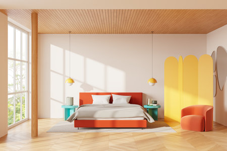 A stylish bedroom with an orange bed, matching armchair, and yellow room divider, on a wooden floor and soft lighting. 3D Renderingの写真素材