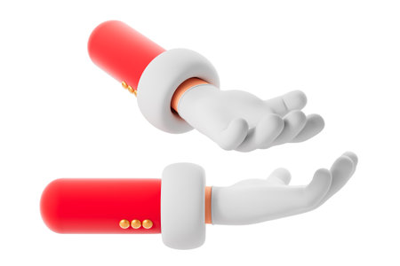 Santa hand in glove holding, showing or offering something, empty white background. Open palm gesture for Christmas. Concept of holiday and shopping. 3D rendering illustrationの写真素材
