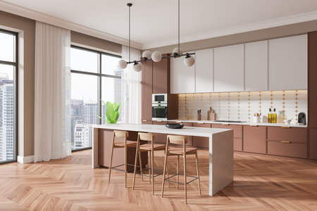Elegant kitchen with large island, wooden stools, and stylish lighting. Floor-to-ceiling windows, contemporary design. 3D Renderingの写真素材
