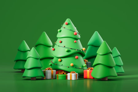 Decorated Christmas trees surrounded by presents, set on a green background. Represents the concept of New Year and holiday celebration. 3D Renderingの写真素材