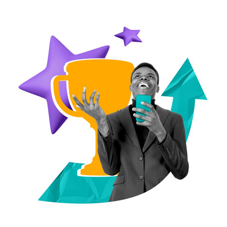A man holding a smartphone, celebrating triumph with a giant trophy, purple stars, and upward arrows. Concept of success, winner, and achievementの写真素材