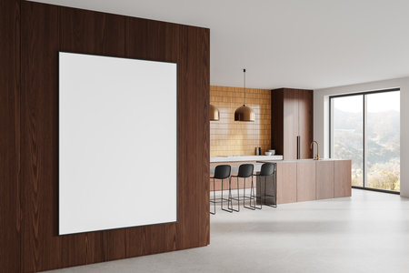 Corner view of wooden home kitchen interior cooking cabinet, bar island and seats on concrete floor. Mock up square canvas poster. Panoramic window on countryside. 3D renderingの写真素材