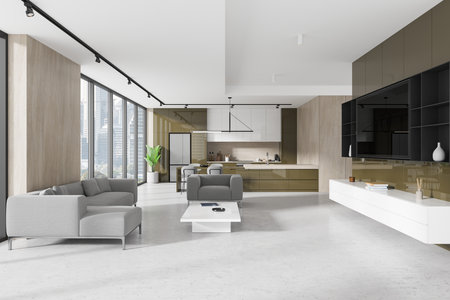 Spacious modern kitchen and living room interior with light walls, stylish cabinets, and large windows. Clean, contemporary home design. 3D Renderingの写真素材