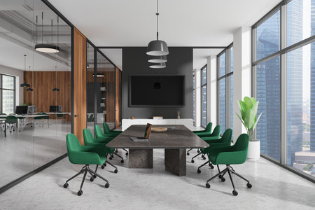 A modern office meeting room with green chairs, large windows, and a glass wall. Minimalist decor with cityscape visible outside. 3D Renderingの写真素材