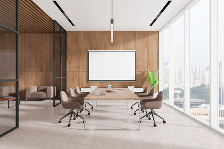 Conference room with wooden walls, large windows, and a central table. Bright and airy meeting corporate space. 3D Renderingの写真素材