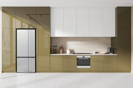 Green white home kitchen interior with hidden design. Gas stove and kitchenware. Colored cooking space with refrigerator on concrete floor. 3D renderingの写真素材