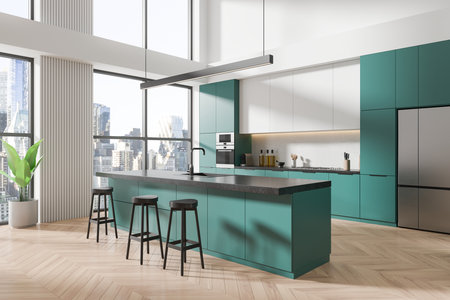 Stylish modern kitchen with turquoise cabinets and island, large windows, and city view. Contemporary design. 3D Renderingの写真素材