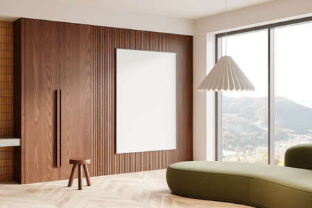 Corner view of modern home living room interior with sofa and closet. Relax place with panoramic window on countryside. Mock up canvas poster on wall. 3D renderingの写真素材