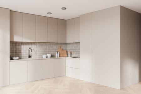 Corner view of beige home kitchen interior cooking cabinet with shelves hidden. Cooking space in modern apartment with kitchenware, hardwood floor. 3D renderingの写真素材