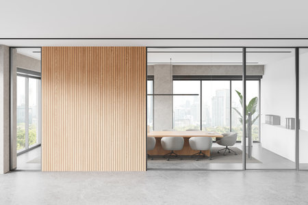 A modern office interior with a wooden partition wall and large glass windows, showing a conference table and chairs. Minimalistic design. 3D Rendering.の写真素材