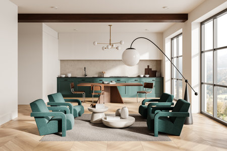 Modern living room with teal armchairs, wooden furniture, large windows, elegant lighting, and kitchen in background. Concept of comfort. 3D Renderingの写真素材