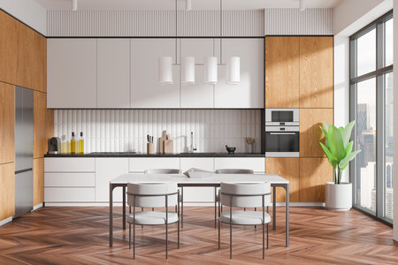 A stylish modern kitchen with wooden cabinets, white countertops, and a dining table. Large windows provide city views. Clean home concept. 3D Rendering.の写真素材