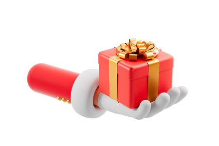 Santa's hand holding a red gift box with a golden ribbon on a white background. Christmas or New Year celebration concept. 3D Renderingの写真素材