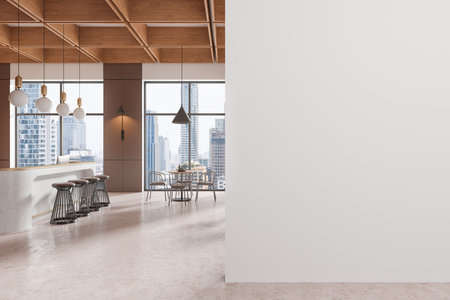 Cafeteria interior with eating tables and chairs in row, bar island and stool in row on concrete floor. Panoramic window on skyscrapers. Mock up empty wall partition. 3D renderingの写真素材