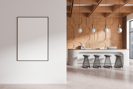 Wooden cafe bar interior with counter and coffee machine, panoramic view on skyscrapers. Eating space with seats in row. Mock up canvas poster on partition. 3D renderingの写真素材