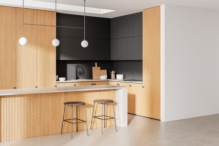 Corner view of wooden home kitchen interior with bar island and stool, shelves with sink and kitchenware. Minimalist cooking space in modern apartment. 3D renderingの写真素材