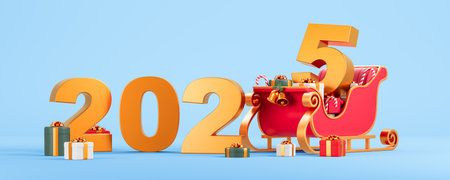2025 year and red santa sleigh with gift boxes and jingle bells, light blue background. Concept of...
