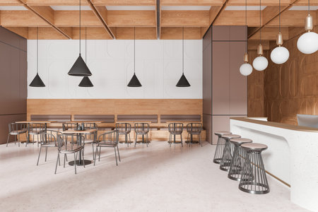 Wooden and beige cafe interior with bar counter, stool, chairs on concrete floor. Luxury restaurant eating space with sofa and dinner tables in row. 3D renderingの写真素材