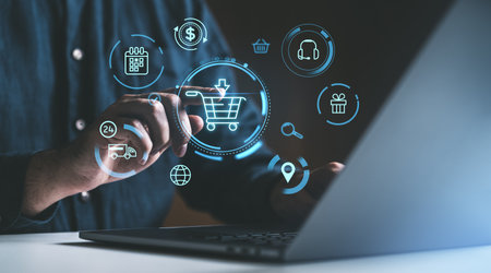 A person interacts with digital shopping icons, including a cart and support, displayed in a tech style on a dark background. Concept of online shoppingの写真素材