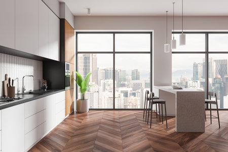 A modern kitchen interior featuring sleek cabinets, wooden flooring, a kitchen island with chairs, and large windows overlooking a cityscape. 3D Renderingの写真素材