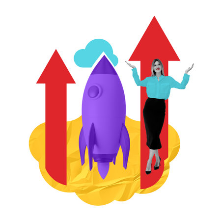 A woman stands with a purple rocket, red arrows, and a yellow cloud background. Concept of leadership, growth, startups, and future visionの写真素材