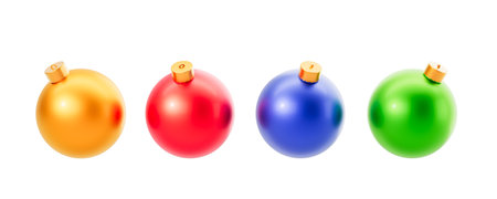 Colorful Christmas balls set in row copy space for logo or print, empty white background. Holiday season decoration and new year celebration. 3D rendering illustrationの写真素材