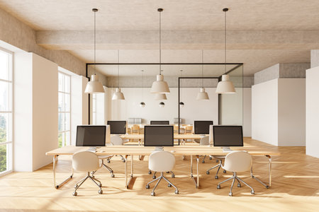 Modern office interior with open space design, featuring wooden floors, desks with computers, and large windows. Concept of workspace. 3D Renderingの写真素材