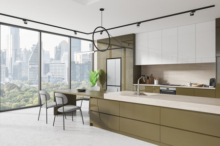 Corner view of home kitchen interior bar island and chairs, concrete floor. Cooking cabinet with kitchenware, sink and refrigerator. Panoramic window on Bangkok skyscrapers. 3D renderingの写真素材