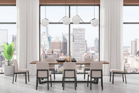 Stylish home living room interior with wooden dining table and chairs, concrete floor. Dining or meeting space with plant. Panoramic window on New York skyscrapers. 3D renderingの写真素材