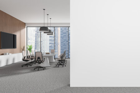Conference room with a large table, chairs, and a screen, featuring large windows overlooking a cityscape. Modern corporate setting. 3D Renderingの写真素材