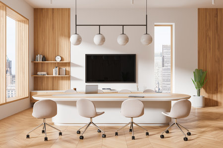Modern office interior with wooden walls, sleek furniture, and large windows. Bright and contemporary design in an open space. 3D Renderingの写真素材