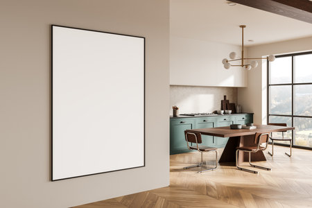 Blank framed poster mockup on wall, modern kitchen interior, wooden floor, large windows, concept of home decor. 3D Renderingの写真素材