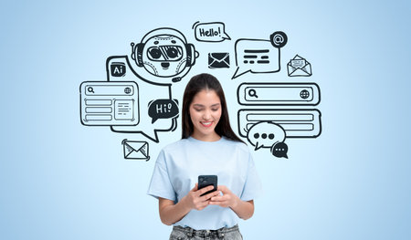 Smiling woman using smartphone with AI chatbot icons around her, on a light blue background. Represents technology and communication conceptsの写真素材