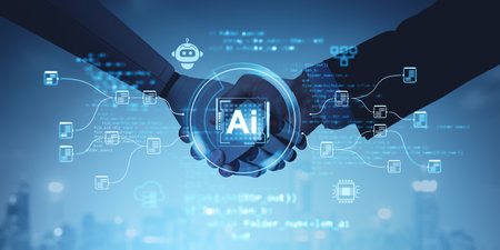 Two hands shaking with AI hologram icons overlay, digital style, blue tech background. Concept of futuristic collaborationの写真素材
