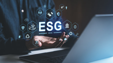Hands holding ESG icons, digital style, dark background. Concept of environment, social, governance in business practicesの写真素材