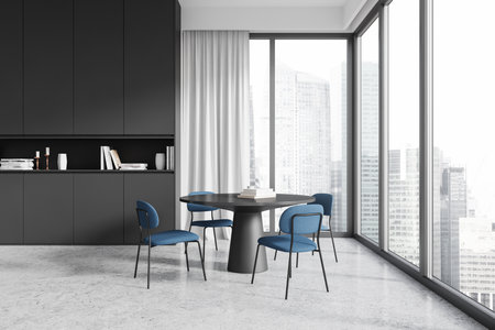 Modern dining area with blue chairs, black table, large windows, and urban view. Minimalist style, bright interior, home design. 3D Renderingの写真素材