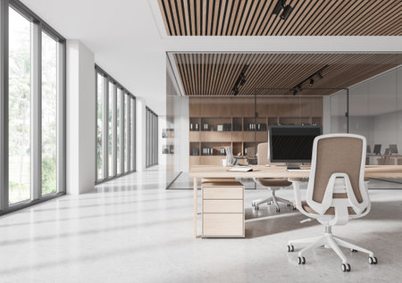Spacious modern office with open concept, featuring wooden elements and large windows. Bright and professional atmosphere. 3D Renderingの写真素材