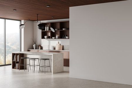 Modern kitchen interior featuring a blank wall, stylish furniture, and natural light from large windows. Concept of space and layout. 3D Renderingの写真素材