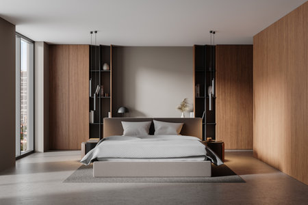 A modern bedroom with a neutral palette, wooden accents, and large windows. The design exudes simplicity and elegance. 3D Renderingの写真素材
