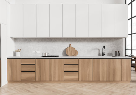 Modern home kitchen interior with dining table and chairs, white and wooden cabinets on hardwood floor. Minimalist eating space with panoramic window. 3D renderingの写真素材