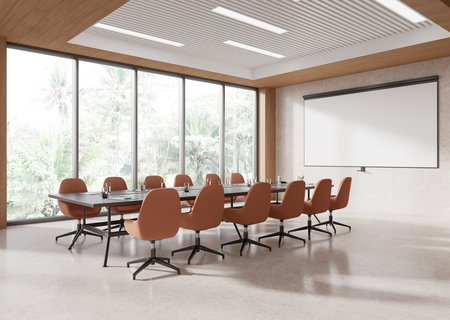 Conference room interior with a long table and chairs, large windows, bright light, and a minimalist style. 3D Renderingの写真素材