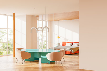 Corner view of bright home interior round eating table and armchairs, sleeping space with bed and panoramic window on tropics, decoration and glass partition. 3D renderingの写真素材