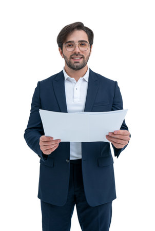 Man in a suit holding paper, standing isolated with a white background. Concept of professional presentation or business reviewの写真素材
